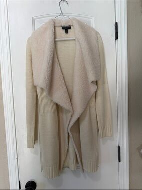 Eileen Fisher Cream Open-Front Faux-Shearling Collar Cardigan